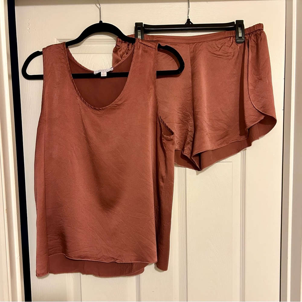 Lunya Burnt Orange Washable 100% Silk Tank Top Tulip Back & Shorts Sleep Set XL